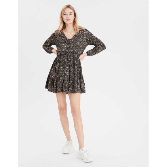 AE Long Sleeve Floral Tiered Baby Doll Mini Dress